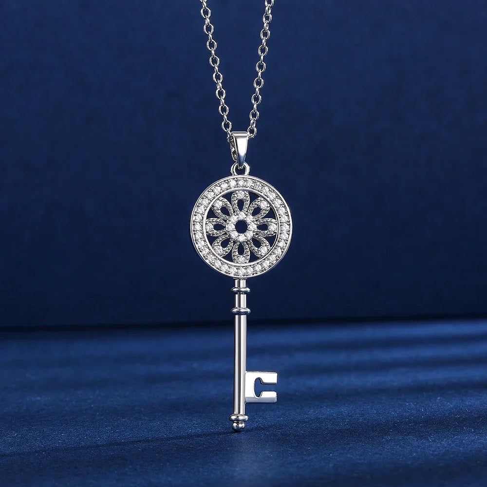 Huitan CZ Crystal Key Pendant Necklace – Silver & Rose Gold