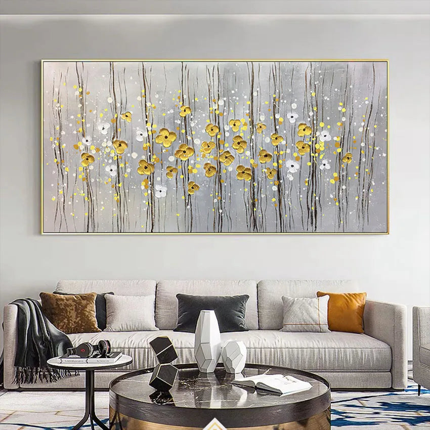 Golden Flowers Hand-Painted Oil Painting on Canvas Wall Art