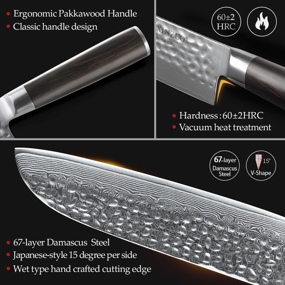 XINZUO 7" Damascus Santoku Knife – VG10 Steel & Pakkawood