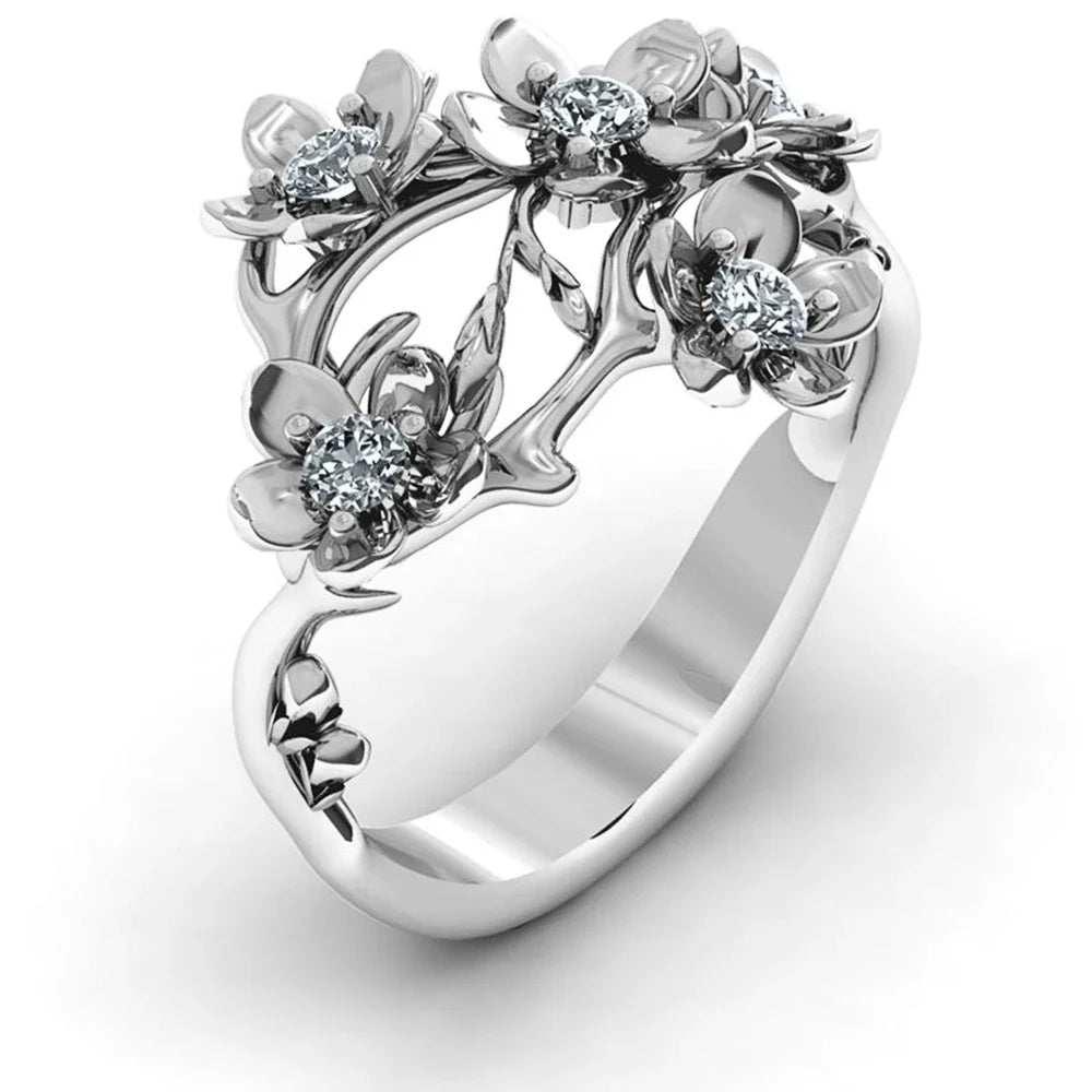 Huitan Crystal Flower Ring – Cubic Zirconia Statement Ring