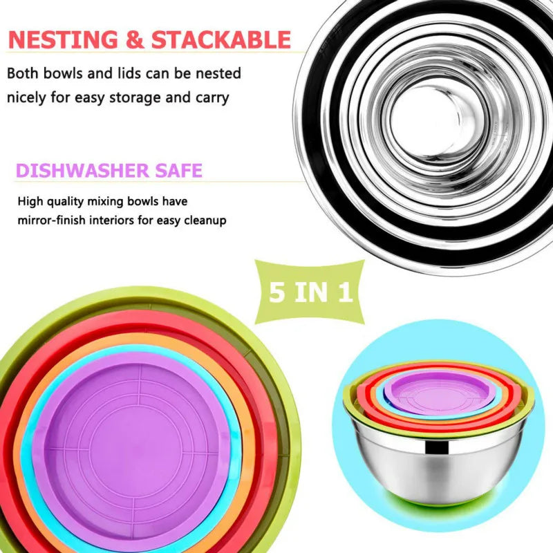 5-Piece Stainless Steel Nesting Mixing Bowls with Airtight Lids