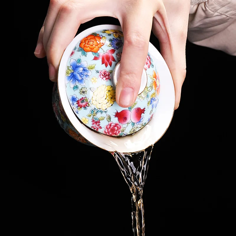 HMLOVE White Porcelain Sancai Gaiwan Enamel Cover Bowl Lid Saucer