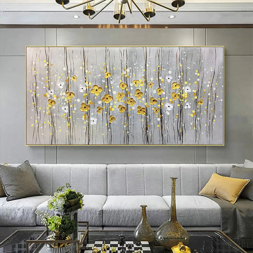Golden Flowers Hand-Painted Oil Painting on Canvas Wall Art