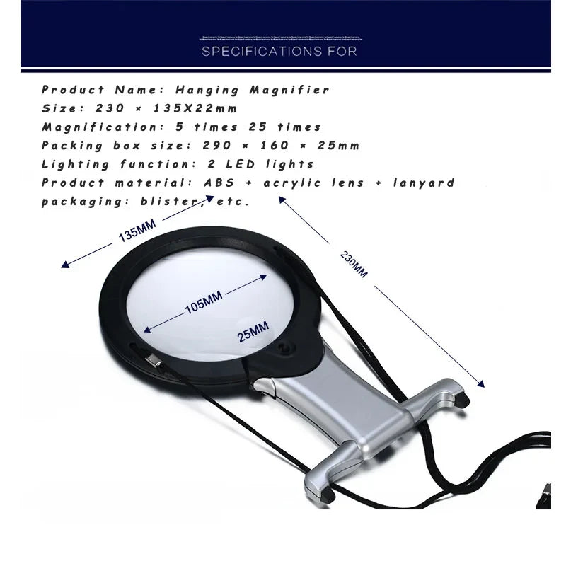 Hands-Free LED Magnifier Loupe 5X 2.5X Neck Wear Reading Glass