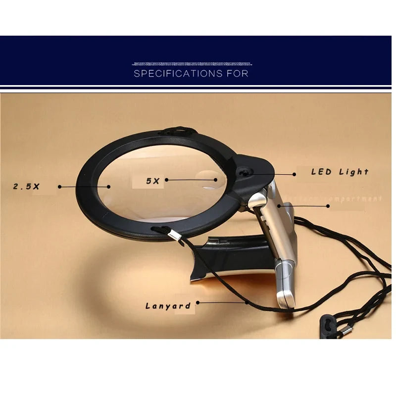Hands-Free LED Magnifier Loupe 5X 2.5X Neck Wear Reading Glass