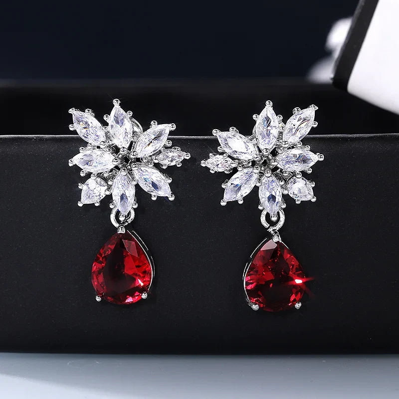 Huitan Red CZ Drop Earrings | Women's Crystal Pendant Jewelry