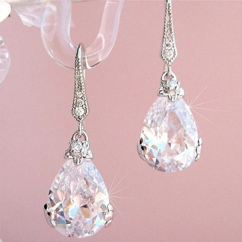 Huitan Pear Cubic Zirconia Silver Drop Earrings for Women