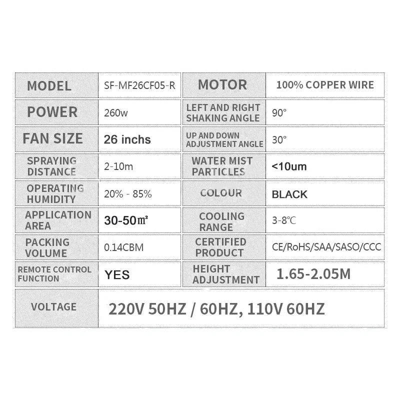 26" Industrial Water Mist Fan 260W | Remote Control, 220V