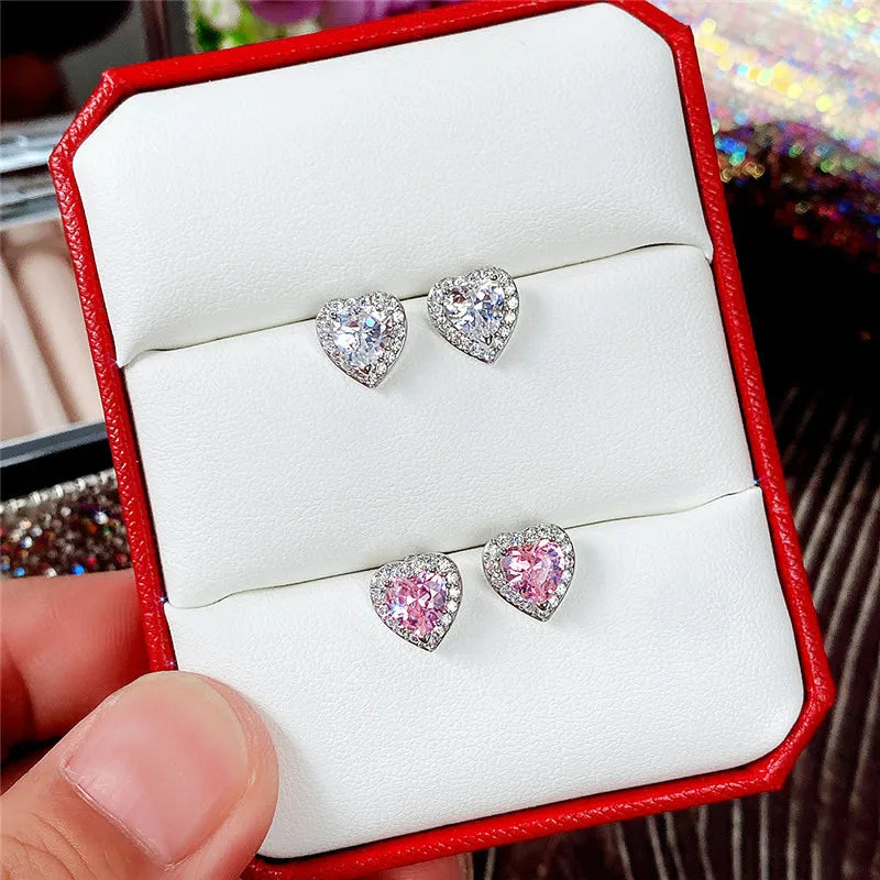 Huitan Pink CZ Heart Stud Earrings – Dainty Gift for Women