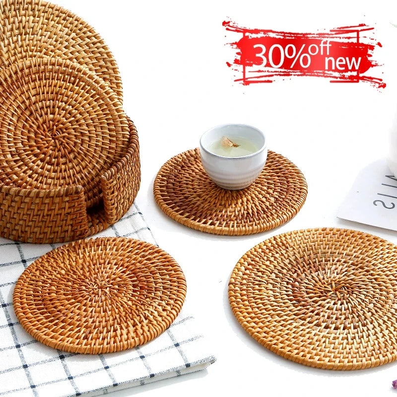 KEMORELA Round Rattan Coaster – Handmade Natural Cup Mat & Placemat