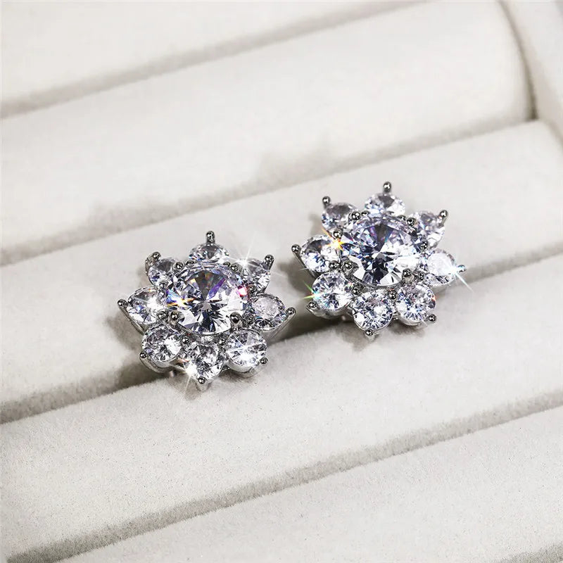 Huitan Crystal Flower Stud Earrings | Cubic Zirconia Women