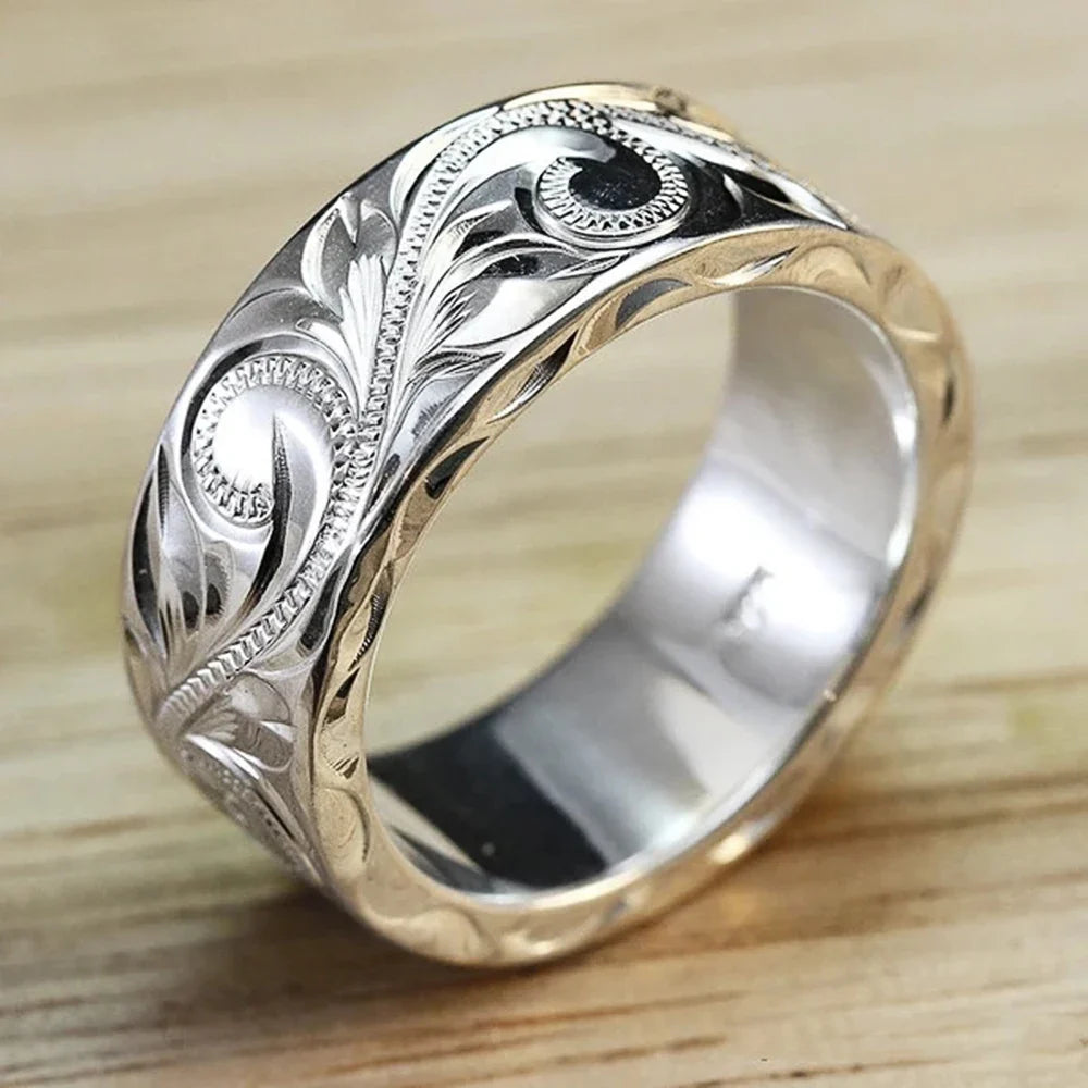 Huitan Carved Couple Rings – Silver-Tone Band Sizes 5–14