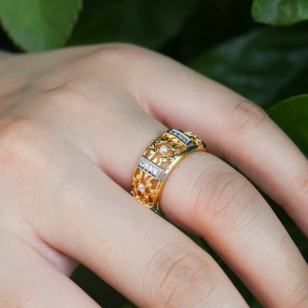 Huitan Gold Hollow Out Ring – Women's Cubic Zirconia Ring