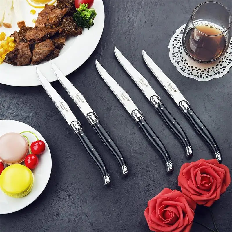 Laguiole-Style Steak Knives Set – 6pc Stainless Steel Black Handle