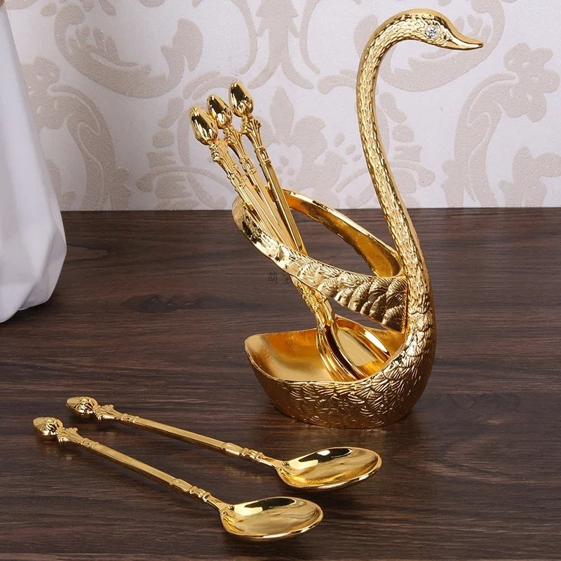 Swan Base Holder with Dessert Forks & Coffee Spoons Set