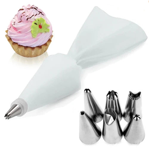 Silicone Piping Bag & 6 Nozzle Cake Decorating Set – 8 Piece