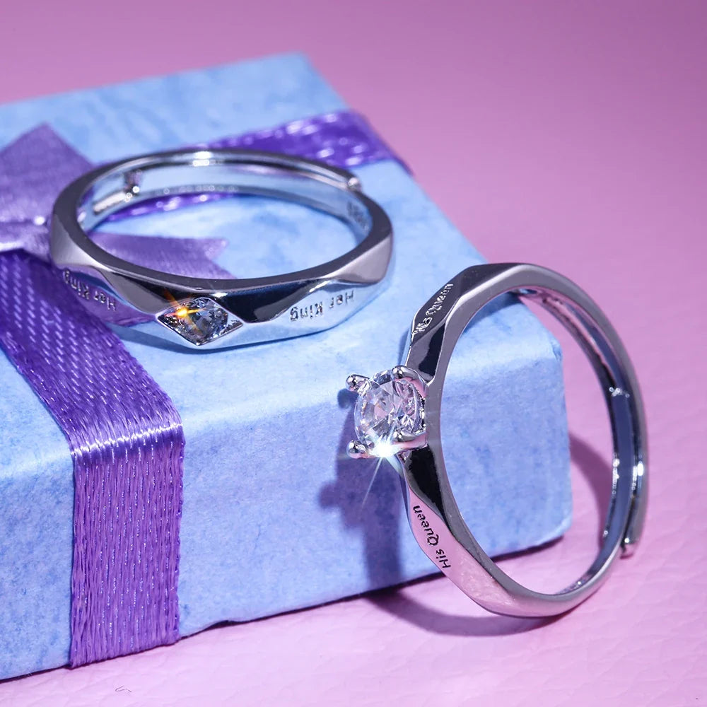 Huitan His King Her Queen Engraved Couple Ring – CZ Wedding Band