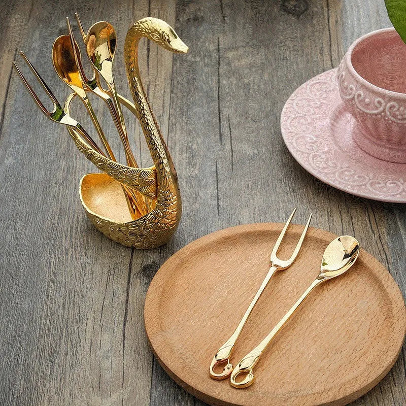 Swan Base Holder with Dessert Forks & Coffee Spoons Set