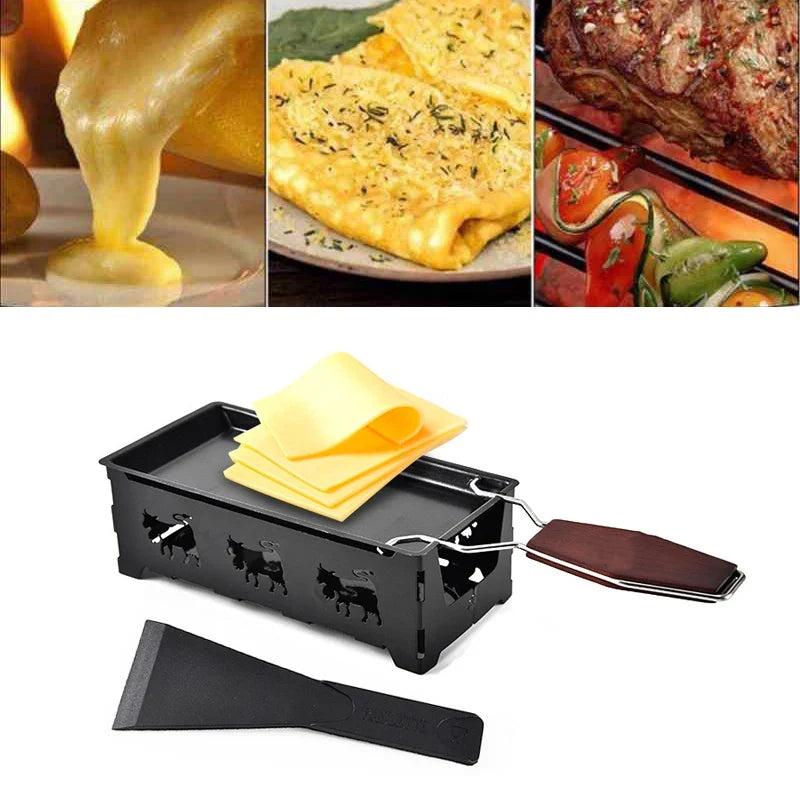 Mini Non-Stick Cheese Raclette Grill Pan & Tray | Wood Handle