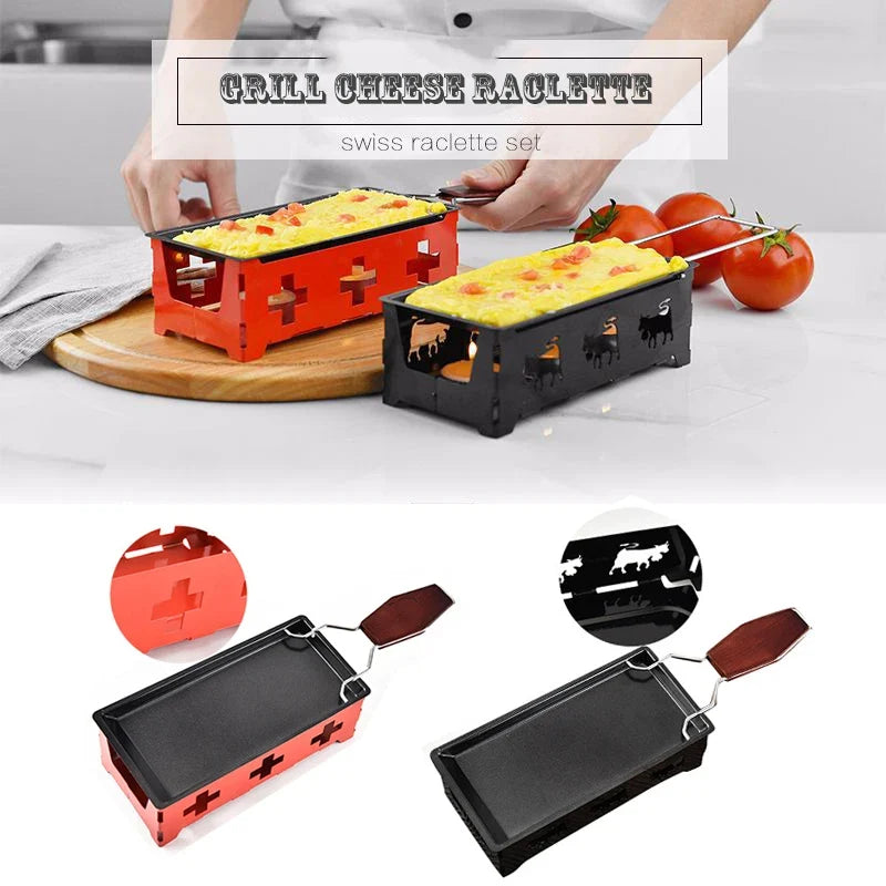 Mini Non-Stick Cheese Raclette Grill Pan & Tray | Wood Handle