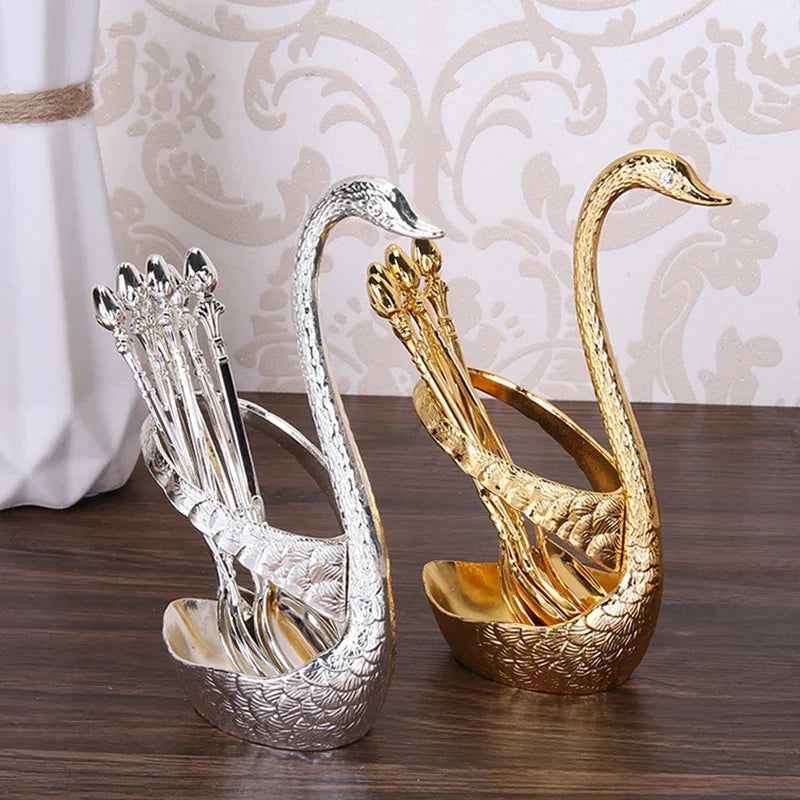 Swan Base Holder with Dessert Forks & Coffee Spoons Set