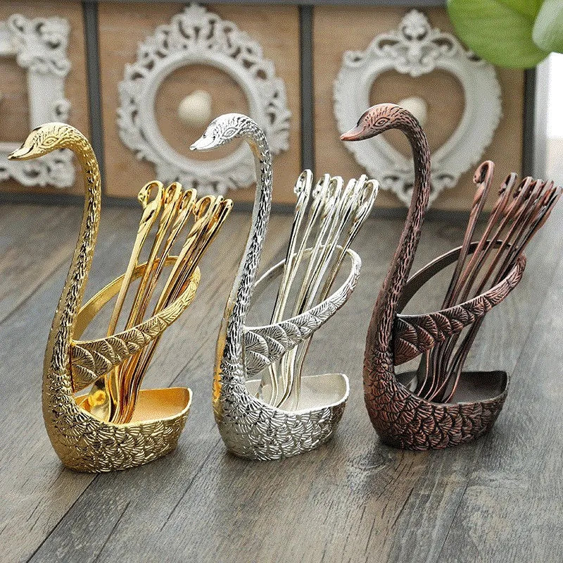 Swan Base Holder with Dessert Forks & Coffee Spoons Set