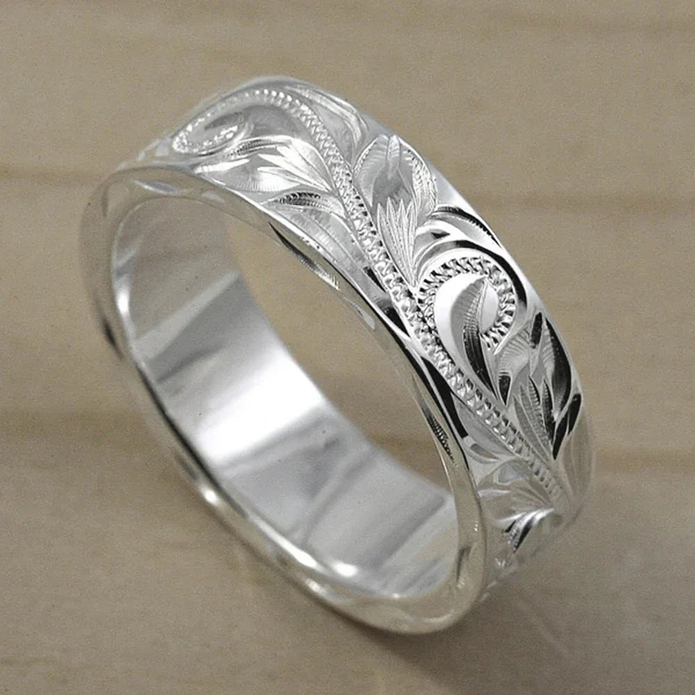 Huitan Carved Couple Ring Silver-Tone Wedding Band Sizes 5–14