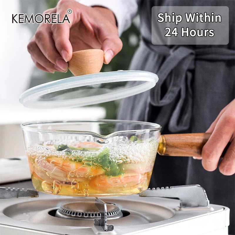 KEMORELA Glass Milk Pot Wooden Handle – 400ml/600ml Saucepan