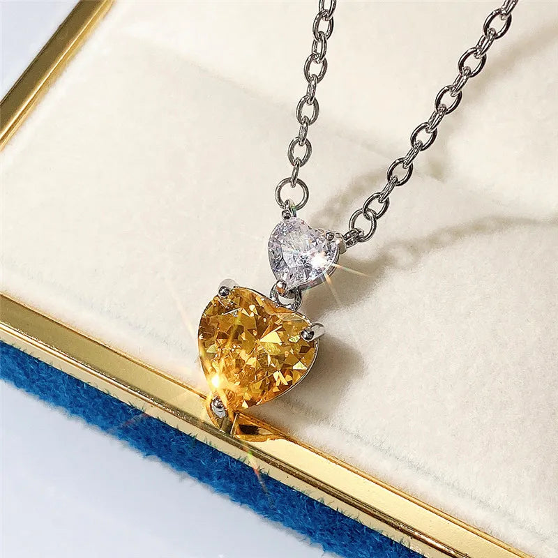 Huitan Double Heart CZ Pendant Necklace – Pink & Yellow Zirconia