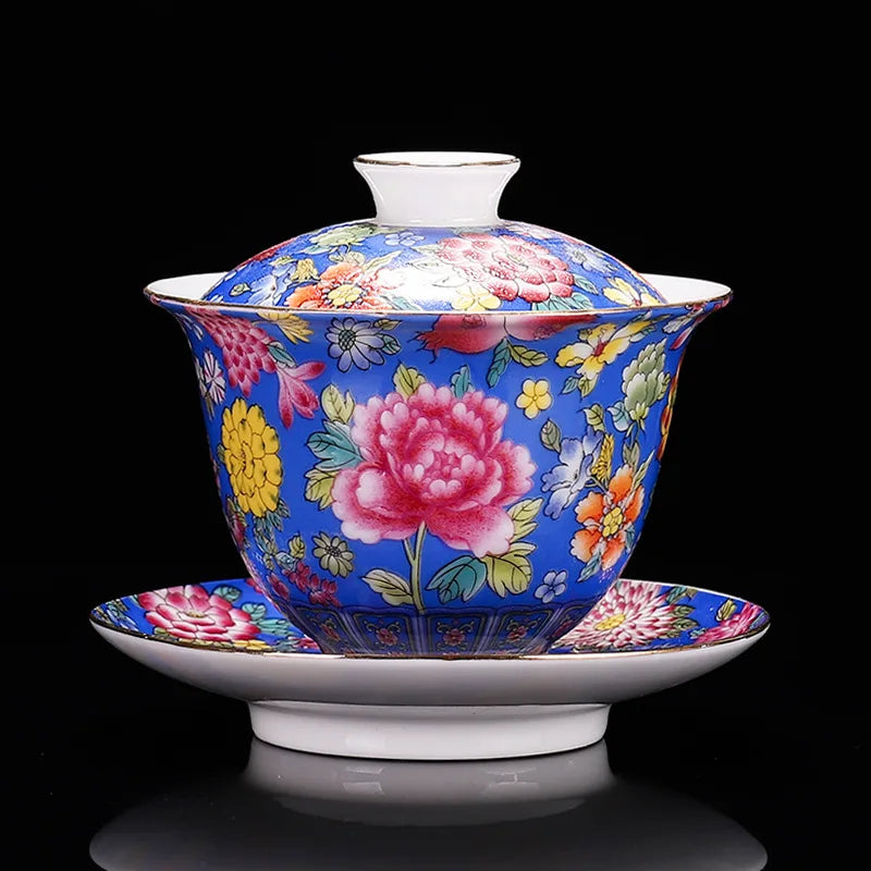 HMLOVE White Porcelain Sancai Gaiwan Enamel Cover Bowl Lid Saucer
