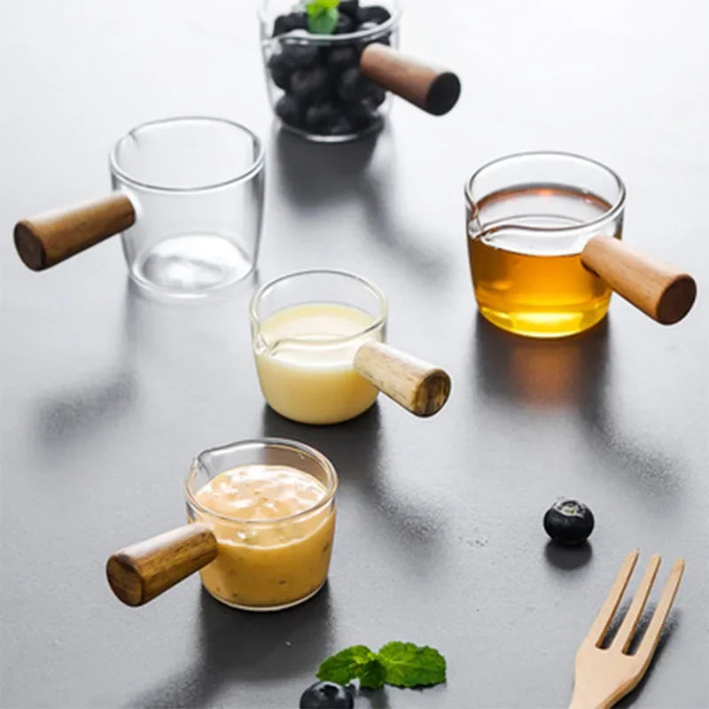 Japanese Glass Sauce Dish with Acacia Wood Handle | KEMORELA