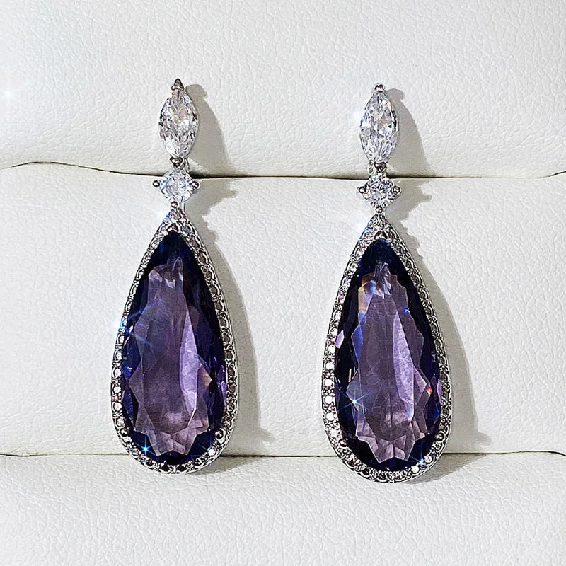 Huitan Purple CZ Teardrop Drop Earrings – Silver Tone Women