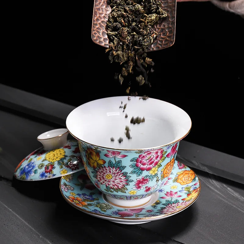 HMLOVE White Porcelain Sancai Gaiwan Enamel Cover Bowl Lid Saucer