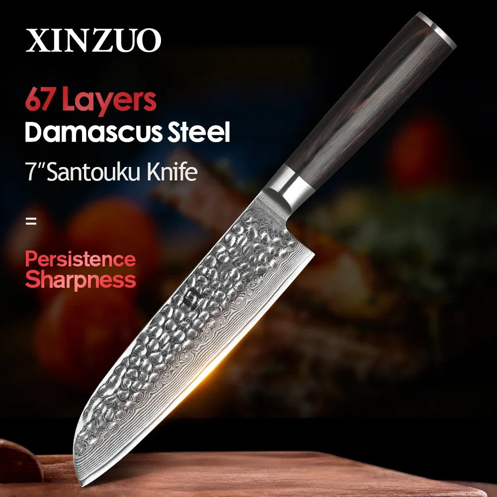 XINZUO 7" Damascus Santoku Knife – VG10 Steel & Pakkawood