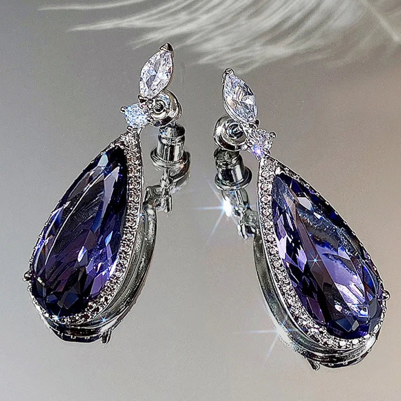 Huitan Purple CZ Teardrop Drop Earrings – Silver Tone Women
