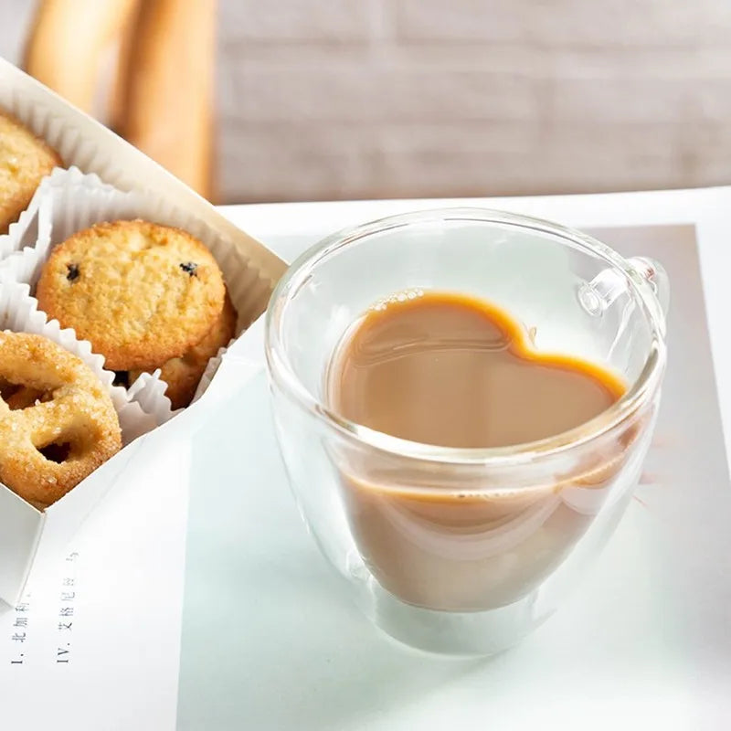 Heart-Shaped Double Glass Mug – Heat-Resistant Borosilicate Cup