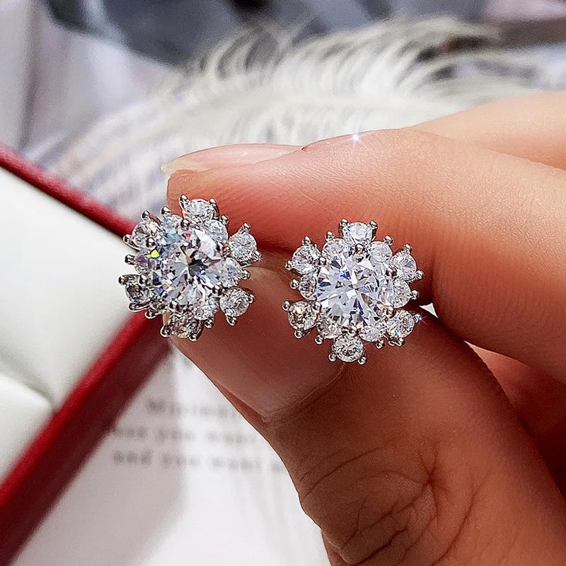 Huitan Flower Stud Earrings – Cubic Zirconia Crystal for Women