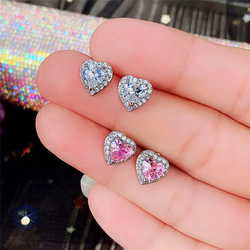 Huitan Pink CZ Heart Stud Earrings – Dainty Gift for Women