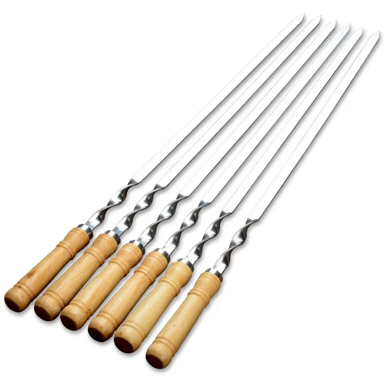 55cm Stainless Steel BBQ Skewers Set | Wood Handle 6–12 Pcs