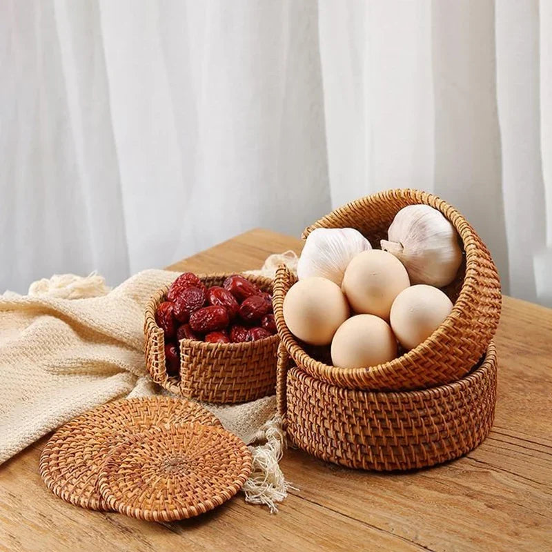 KEMORELA Round Rattan Coaster – Handmade Natural Cup Mat & Placemat
