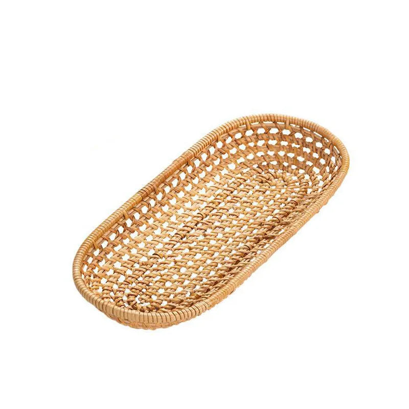 Hand-Woven Rattan Serving Tray & Oval Fruit Bread Basket