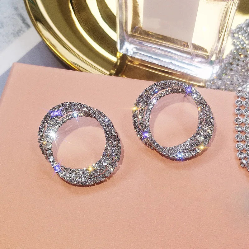 Huitan CZ Crystal Round Stud Earrings – Silver Micro Paved Women