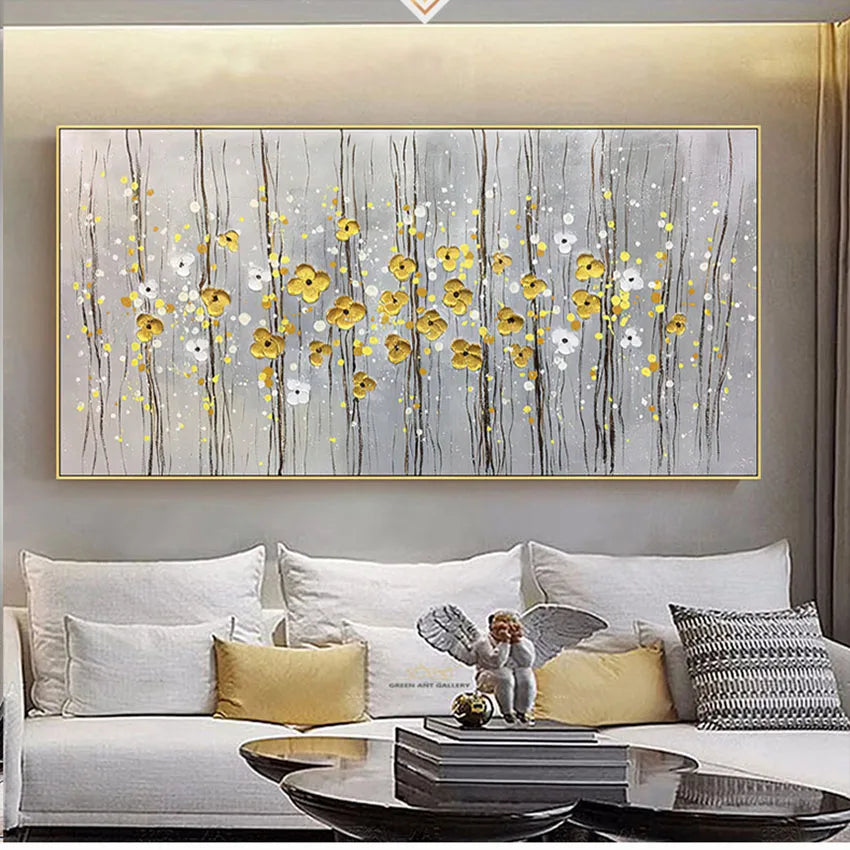 Golden Flowers Hand-Painted Oil Painting on Canvas Wall Art