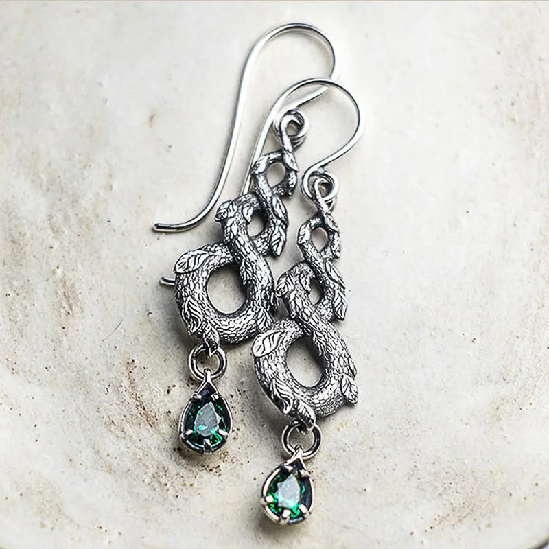 Huitan Vintage Green Zirconia Twist Drop Earrings | Dragon Leaf