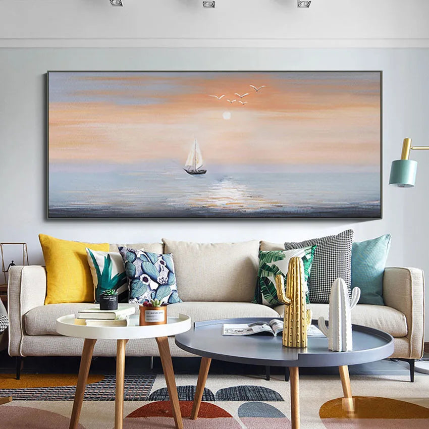 Handmade Canvas Oil Painting – Sailboat & Landscape Wall Art