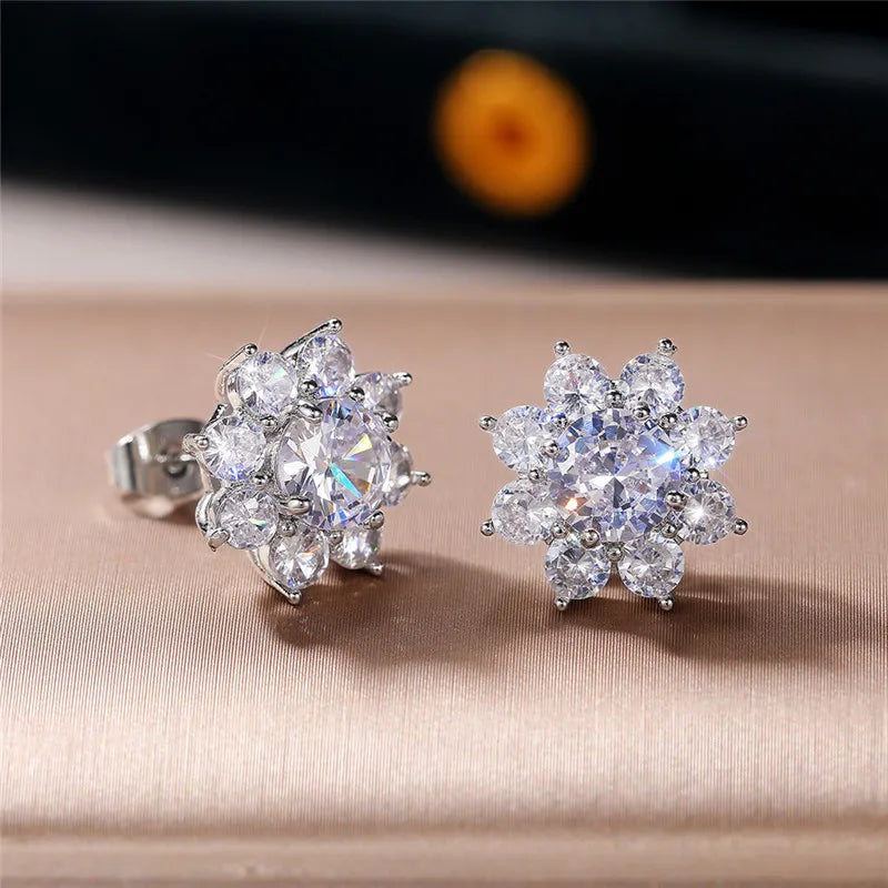 Huitan Crystal Flower Stud Earrings | Cubic Zirconia Women