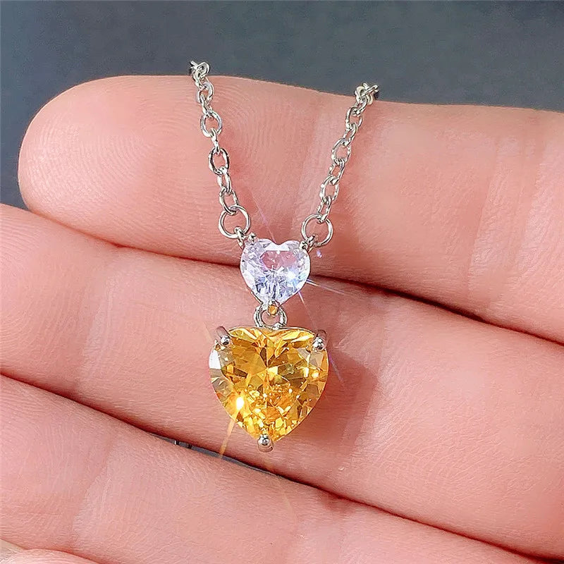Huitan Double Heart CZ Pendant Necklace – Pink & Yellow Zirconia