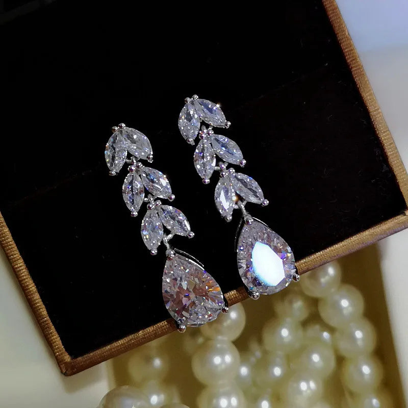 Huitan Leaf & Water Drop CZ Bridal Drop Earrings for Women