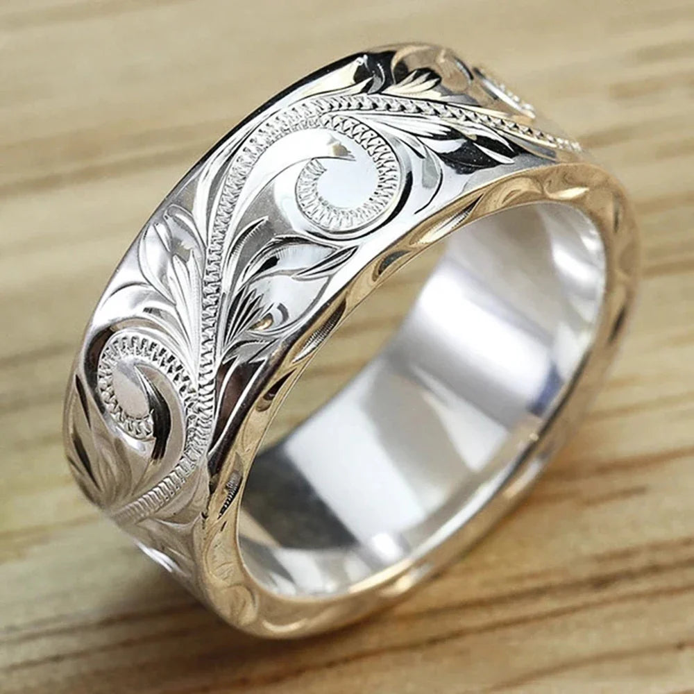 Huitan Carved Couple Rings – Silver-Tone Band Sizes 5–14