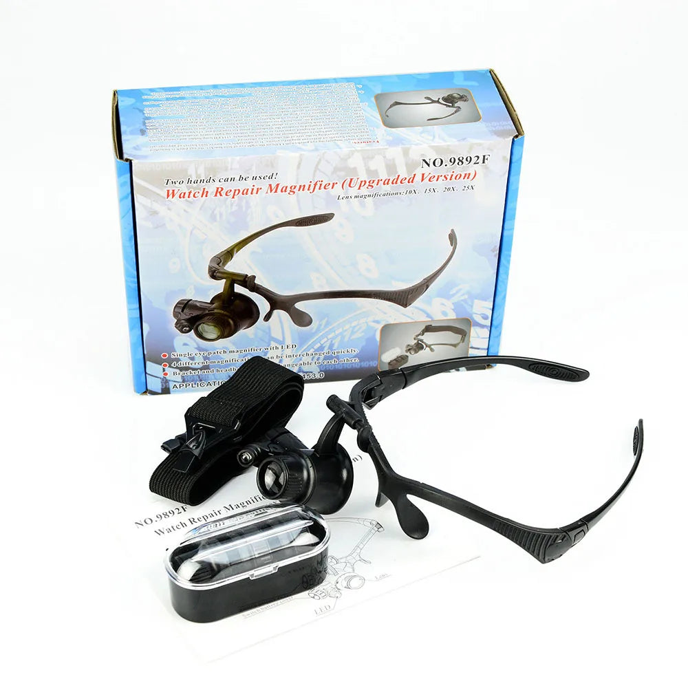 Headband Magnifying Glasses 10X–25X LED Loupe Replaceable Lens